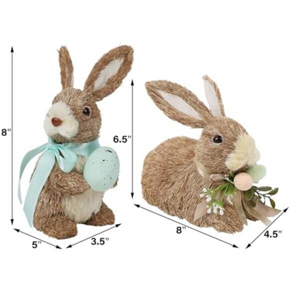 Set of 2 Easter Decorations Bunny Figurines with Eggs Spring Straw - Picture 10 of 14